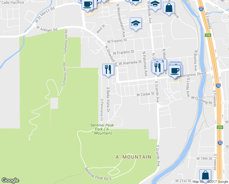 map of restaurants, bars, coffee shops, grocery stores, and more near 1370 West Cedar Street in Tucson