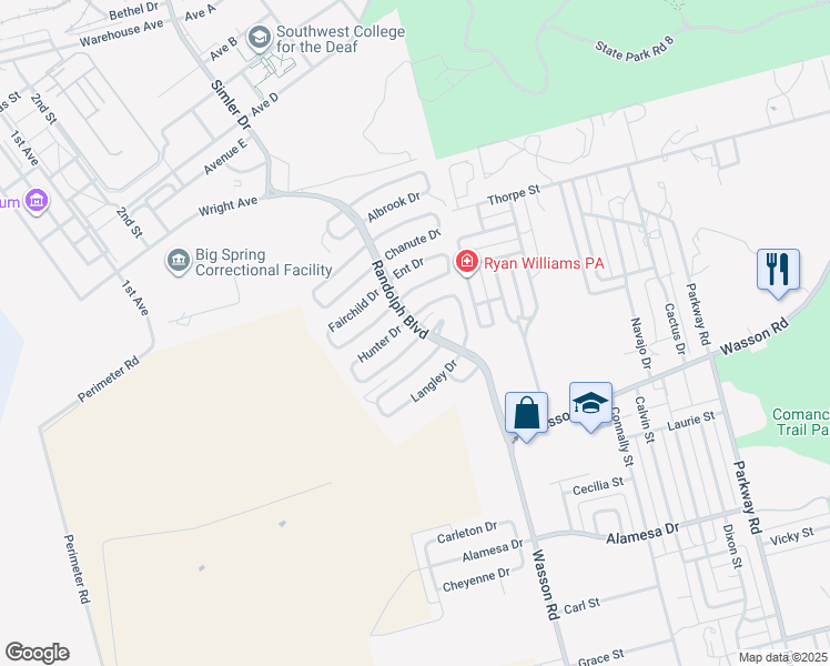 map of restaurants, bars, coffee shops, grocery stores, and more near 2501-2699 Hunter Dr in Big Spring