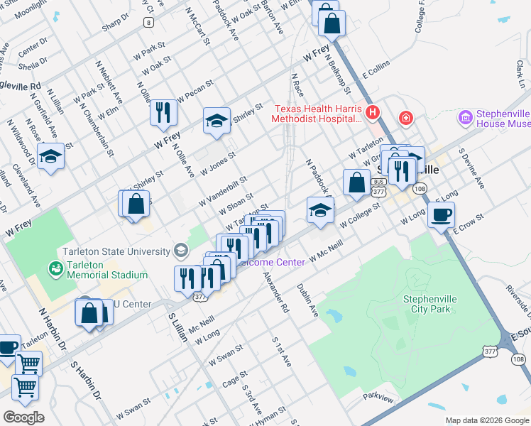 map of restaurants, bars, coffee shops, grocery stores, and more near 992 West Tarleton Street in Stephenville