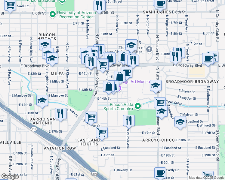 map of restaurants, bars, coffee shops, grocery stores, and more near 2020 East 13th Street in Tucson