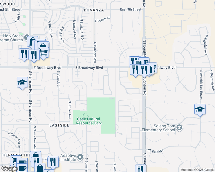 map of restaurants, bars, coffee shops, grocery stores, and more near 184 South London Station Road in Tucson