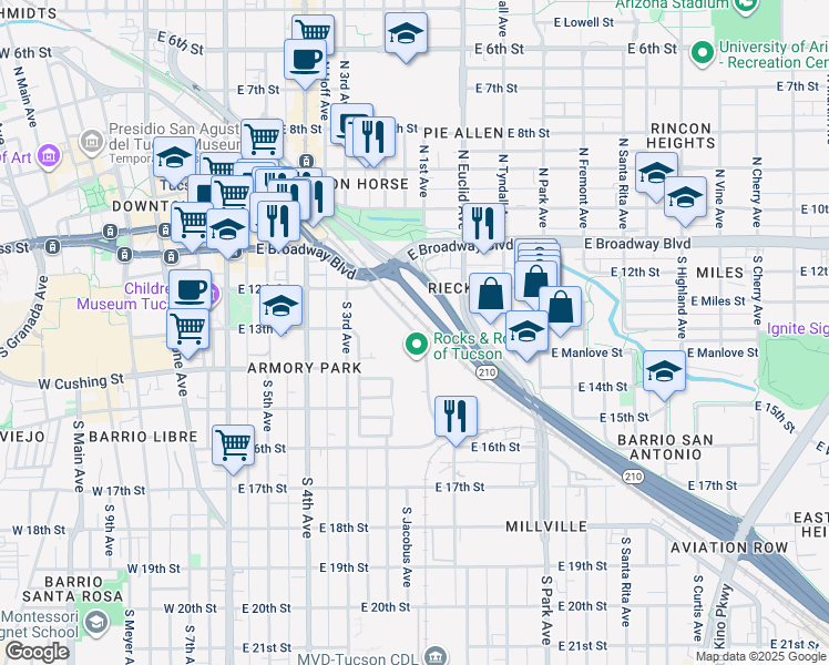 map of restaurants, bars, coffee shops, grocery stores, and more near South Toole Avenue in Tucson