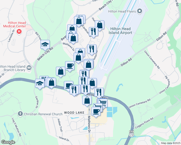 map of restaurants, bars, coffee shops, grocery stores, and more near 55 Mathews Drive in Hilton Head Island
