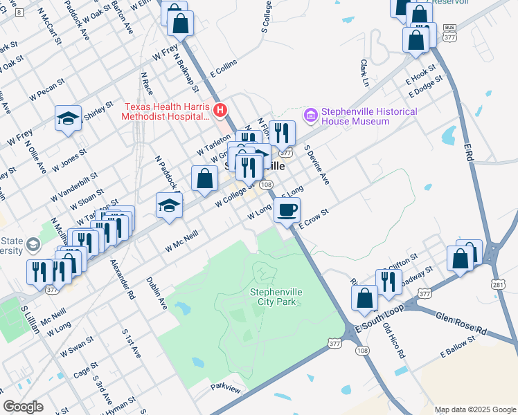 map of restaurants, bars, coffee shops, grocery stores, and more near 374 South Belknap Street in Stephenville