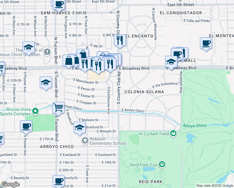 map of restaurants, bars, coffee shops, grocery stores, and more near 322 South Country Club Road in Tucson