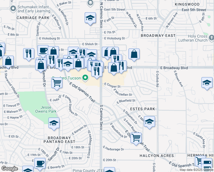 map of restaurants, bars, coffee shops, grocery stores, and more near 112 South Camino Seco in Tucson