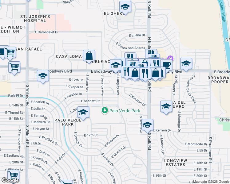 map of restaurants, bars, coffee shops, grocery stores, and more near 6843 East Koralee Street in Tucson