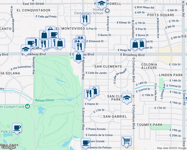 map of restaurants, bars, coffee shops, grocery stores, and more near 3920 East Calle De Jardin in Tucson
