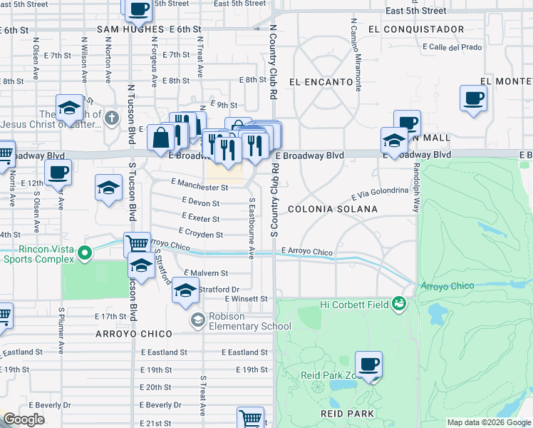 map of restaurants, bars, coffee shops, grocery stores, and more near 322 South Country Club Road in Tucson