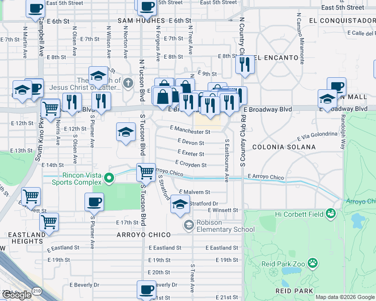 map of restaurants, bars, coffee shops, grocery stores, and more near in Tucson