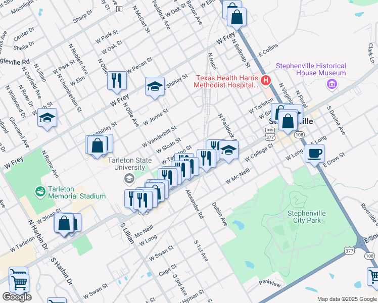 map of restaurants, bars, coffee shops, grocery stores, and more near 982 West Tarleton Street in Stephenville