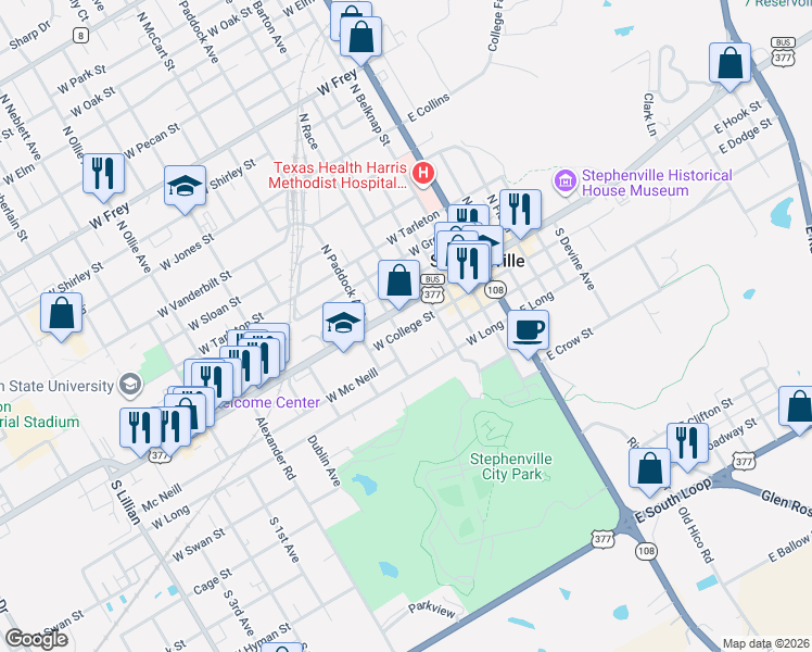 map of restaurants, bars, coffee shops, grocery stores, and more near 565 West College Street in Stephenville