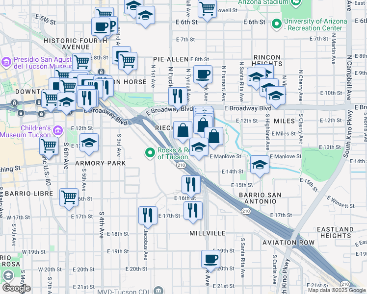 map of restaurants, bars, coffee shops, grocery stores, and more near 107 South Tyndall Avenue in Tucson