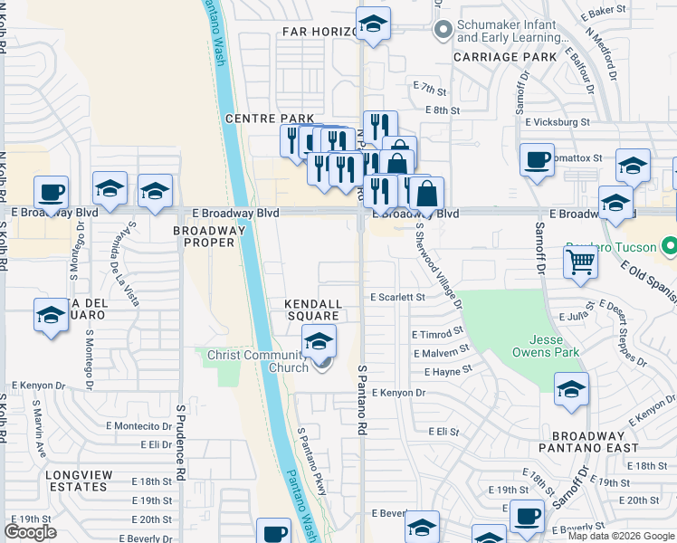 map of restaurants, bars, coffee shops, grocery stores, and more near 200 South Pantano Road in Tucson
