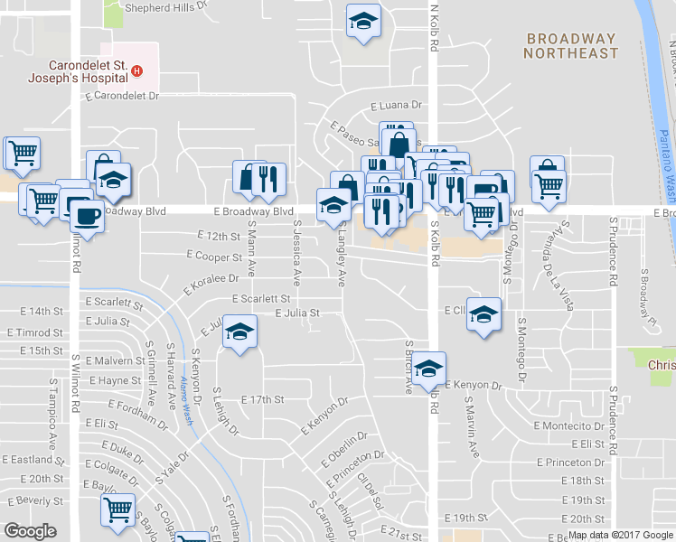 map of restaurants, bars, coffee shops, grocery stores, and more near 6843 East Koralee Street in Tucson