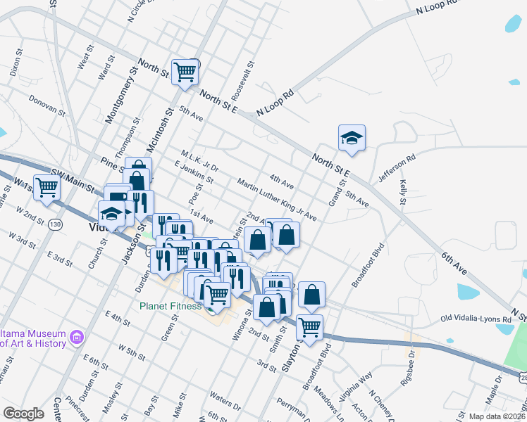 map of restaurants, bars, coffee shops, grocery stores, and more near 613 2nd Avenue in Vidalia