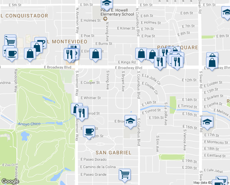 map of restaurants, bars, coffee shops, grocery stores, and more near 240 South Calle De Madrid in Tucson