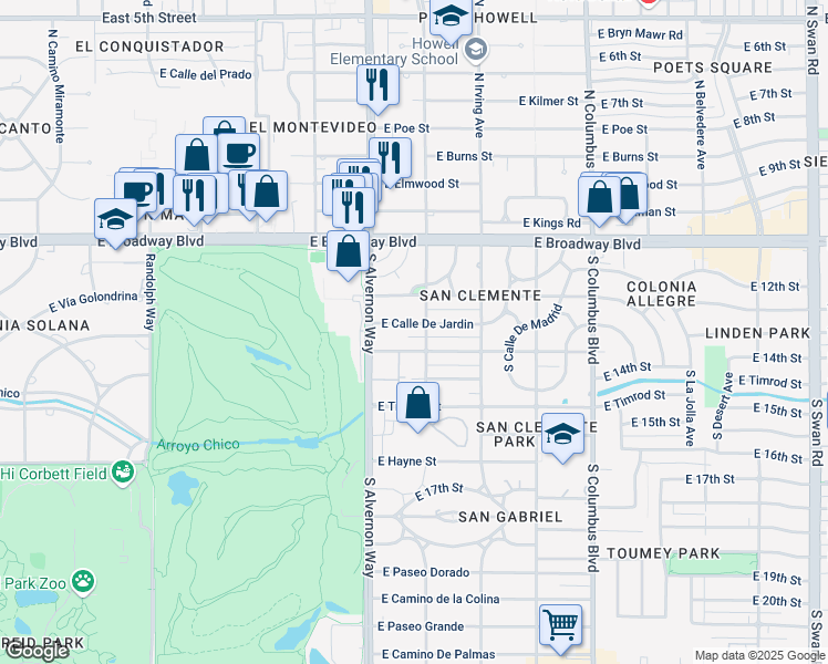 map of restaurants, bars, coffee shops, grocery stores, and more near 3920 East Calle De Jardin in Tucson