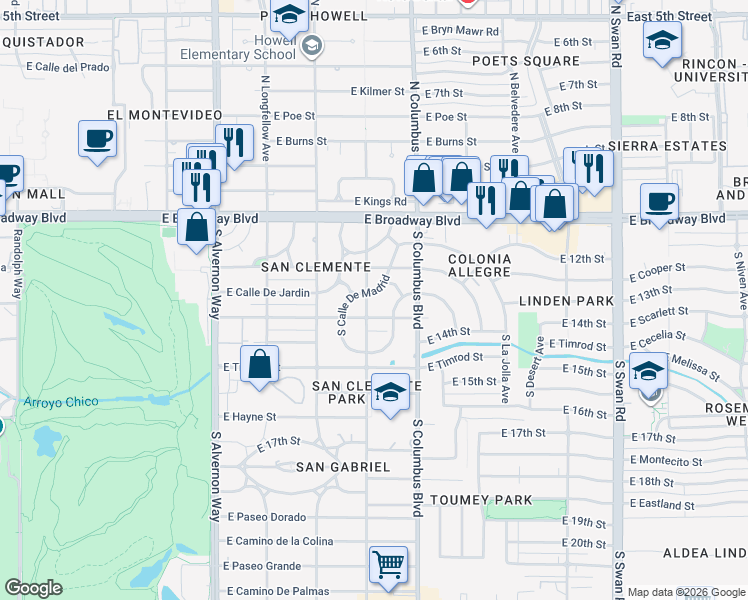 map of restaurants, bars, coffee shops, grocery stores, and more near 245 South Bryant Avenue in Tucson