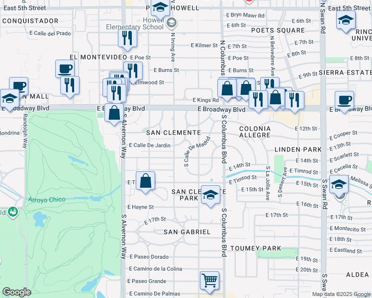 map of restaurants, bars, coffee shops, grocery stores, and more near 240 South Calle De Madrid in Tucson