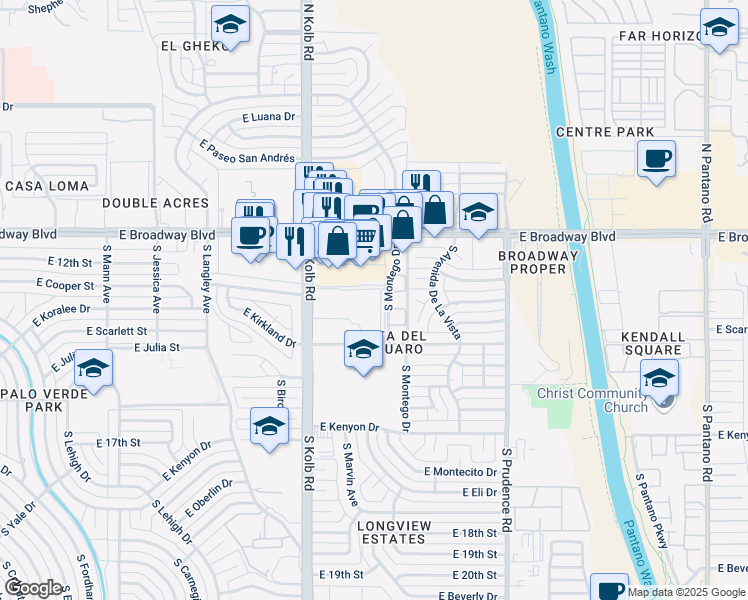 map of restaurants, bars, coffee shops, grocery stores, and more near 223 South Kolb Road in Tucson