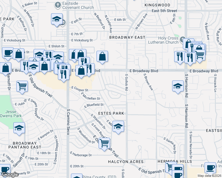 map of restaurants, bars, coffee shops, grocery stores, and more near 8951 East Cooper Street in Tucson