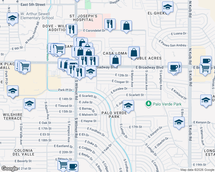 map of restaurants, bars, coffee shops, grocery stores, and more near 211 South Busch Place in Tucson