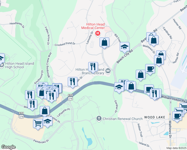 map of restaurants, bars, coffee shops, grocery stores, and more near 35 Main Street in Hilton Head Island