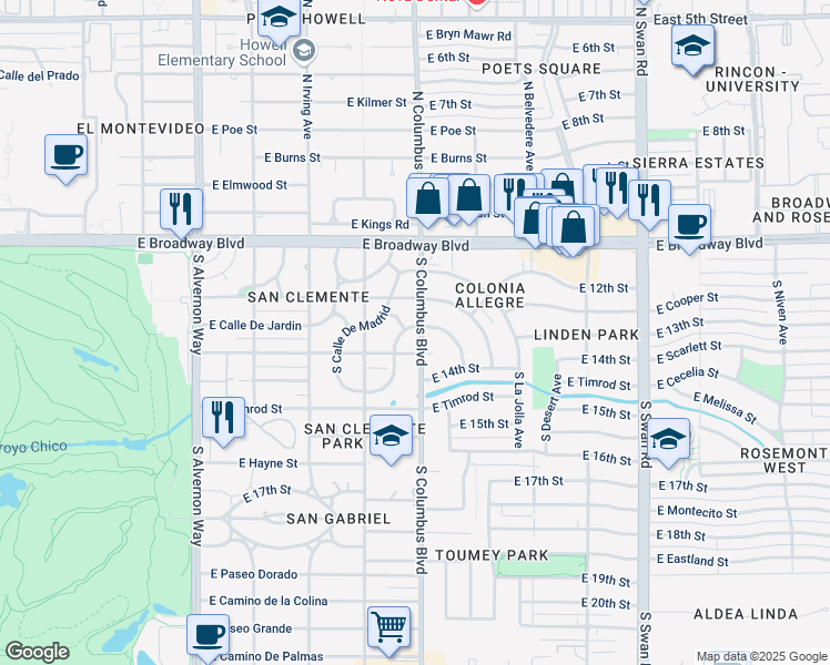 map of restaurants, bars, coffee shops, grocery stores, and more near 225 South Calle De La Azucena in Tucson