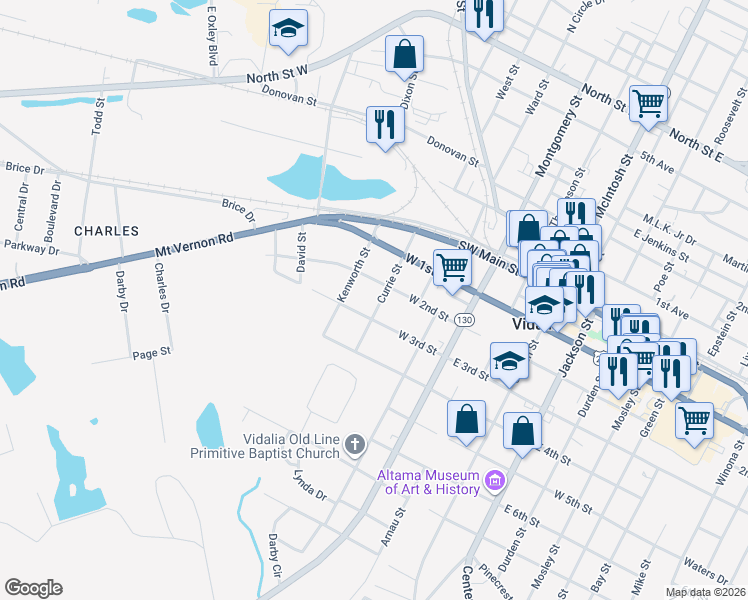 map of restaurants, bars, coffee shops, grocery stores, and more near 303 Currie Street in Vidalia