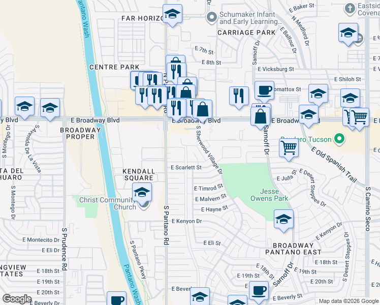 map of restaurants, bars, coffee shops, grocery stores, and more near 220 South Alandale Place in Tucson