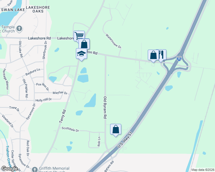 map of restaurants, bars, coffee shops, grocery stores, and more near 4684 Old Byram Road in Jackson