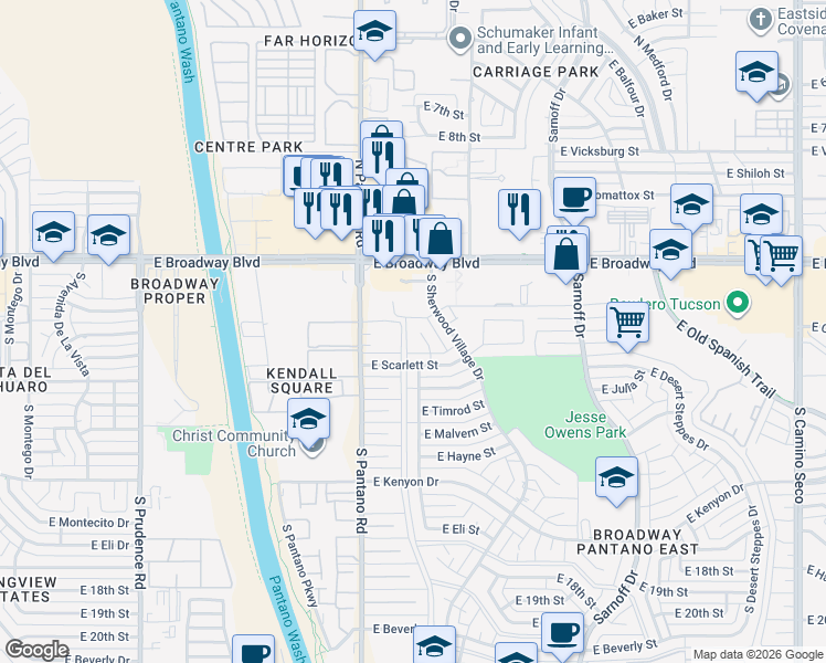 map of restaurants, bars, coffee shops, grocery stores, and more near 220 South Alandale Place in Tucson