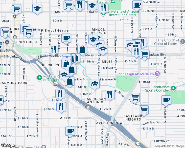 map of restaurants, bars, coffee shops, grocery stores, and more near 1304 East 13th Street in Tucson