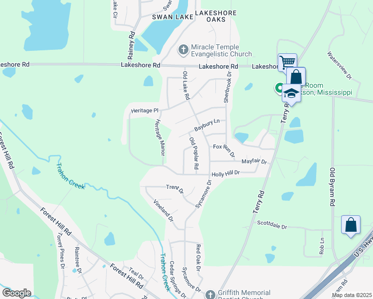 map of restaurants, bars, coffee shops, grocery stores, and more near 4722 Satinwood Road in Jackson