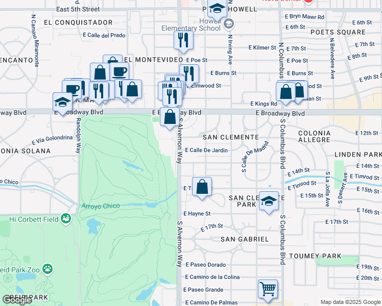 map of restaurants, bars, coffee shops, grocery stores, and more near 3920 East Calle De Jardin in Tucson