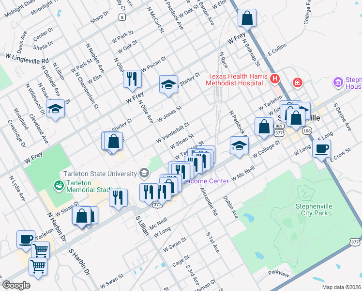 map of restaurants, bars, coffee shops, grocery stores, and more near 1050 West Sloan Street in Stephenville