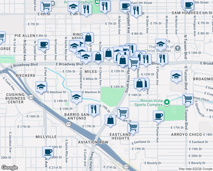 map of restaurants, bars, coffee shops, grocery stores, and more near 1615 East 13th Street in Tucson