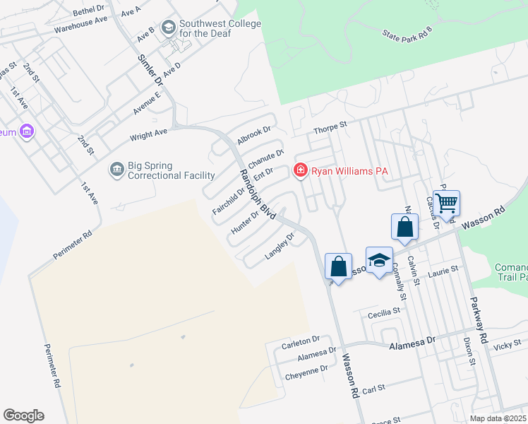 map of restaurants, bars, coffee shops, grocery stores, and more near 2501 Hunter Drive in Big Spring