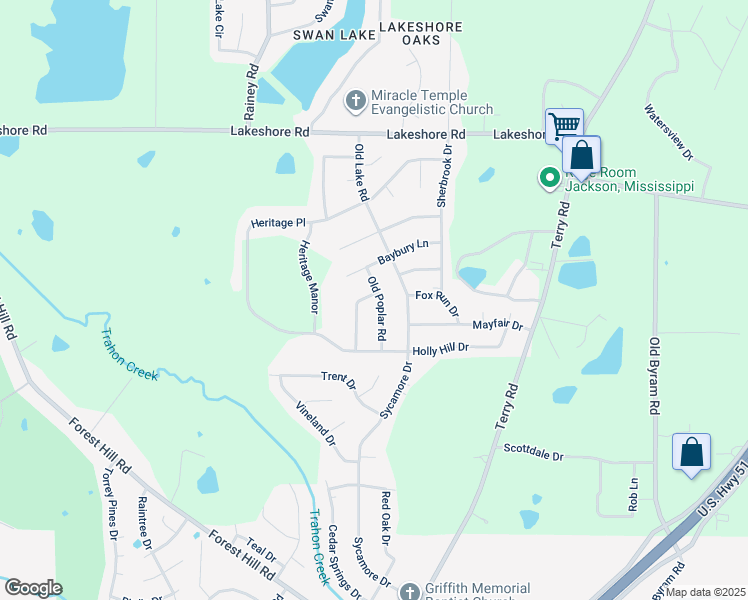map of restaurants, bars, coffee shops, grocery stores, and more near 4755 Old Poplar Road in Jackson