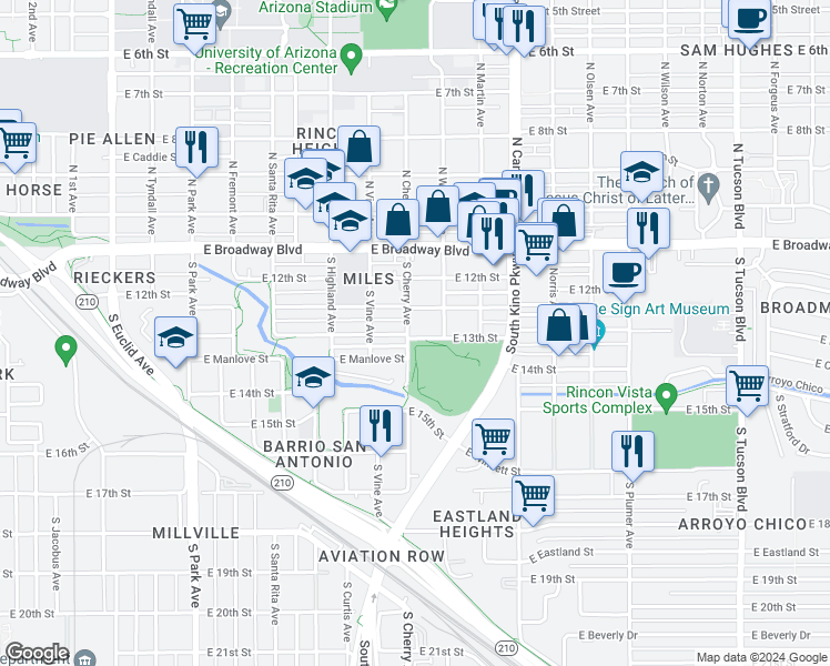 map of restaurants, bars, coffee shops, grocery stores, and more near 345 South Cherry Avenue in Tucson
