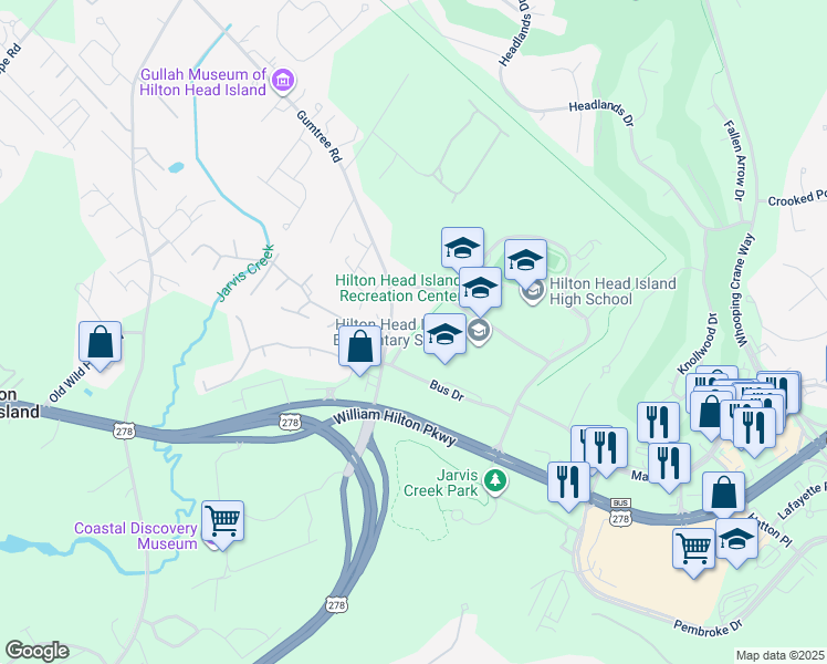 map of restaurants, bars, coffee shops, grocery stores, and more near 10 Wilborn Road in Hilton Head Island