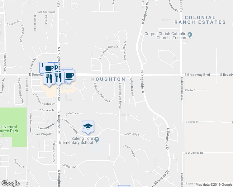map of restaurants, bars, coffee shops, grocery stores, and more near 10632 E Barclay Park Loop in Tucson