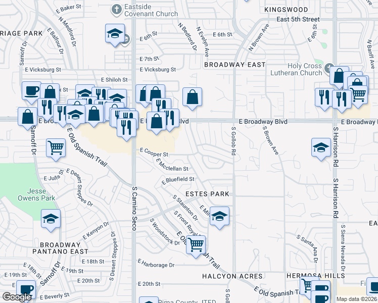 map of restaurants, bars, coffee shops, grocery stores, and more near 8909 East Cooper Street in Tucson