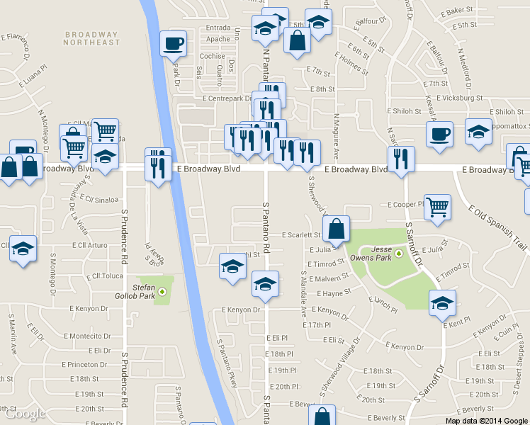 map of restaurants, bars, coffee shops, grocery stores, and more near 200 South Pantano Road in Tucson