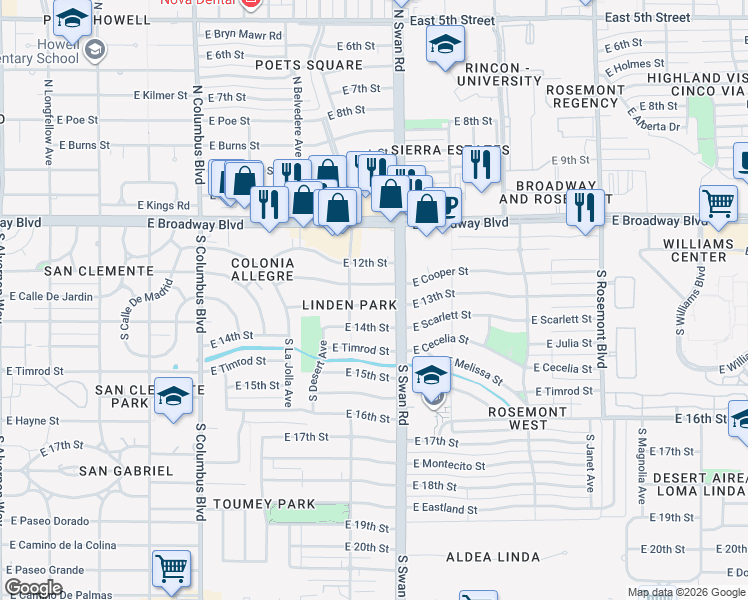 map of restaurants, bars, coffee shops, grocery stores, and more near 4625 East 13th Street in Tucson
