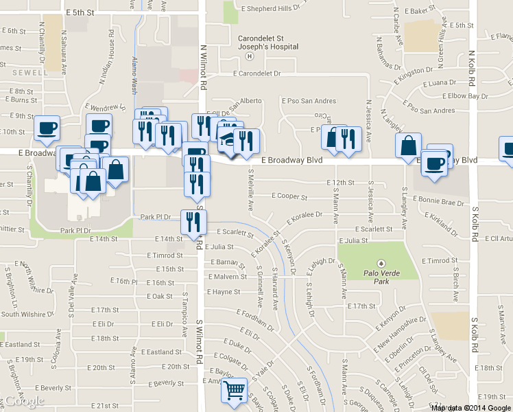 map of restaurants, bars, coffee shops, grocery stores, and more near 211 South Melville Avenue in Tucson