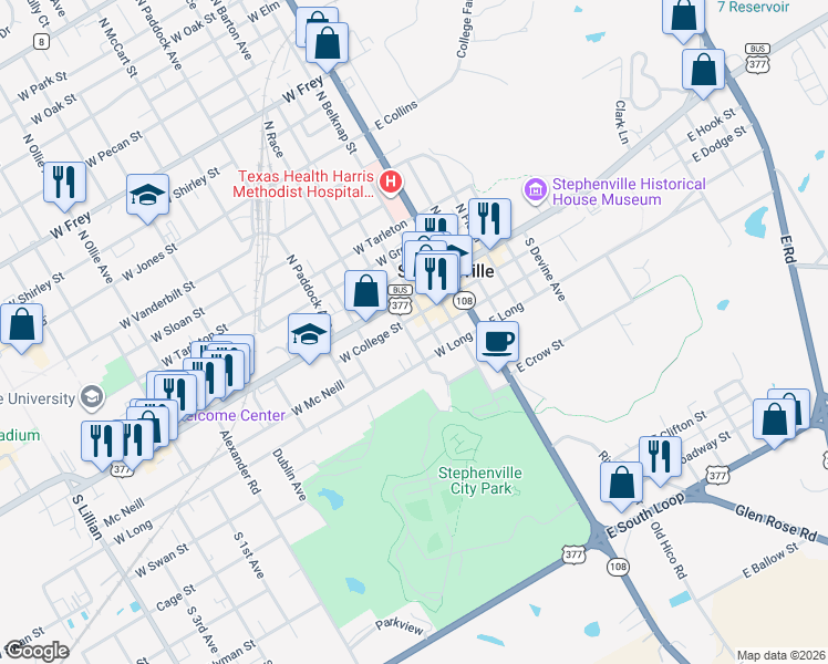 map of restaurants, bars, coffee shops, grocery stores, and more near 320 West College Street in Stephenville
