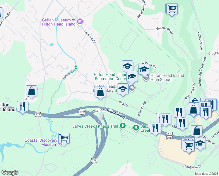 map of restaurants, bars, coffee shops, grocery stores, and more near 5 Gumtree Road in Hilton Head Island