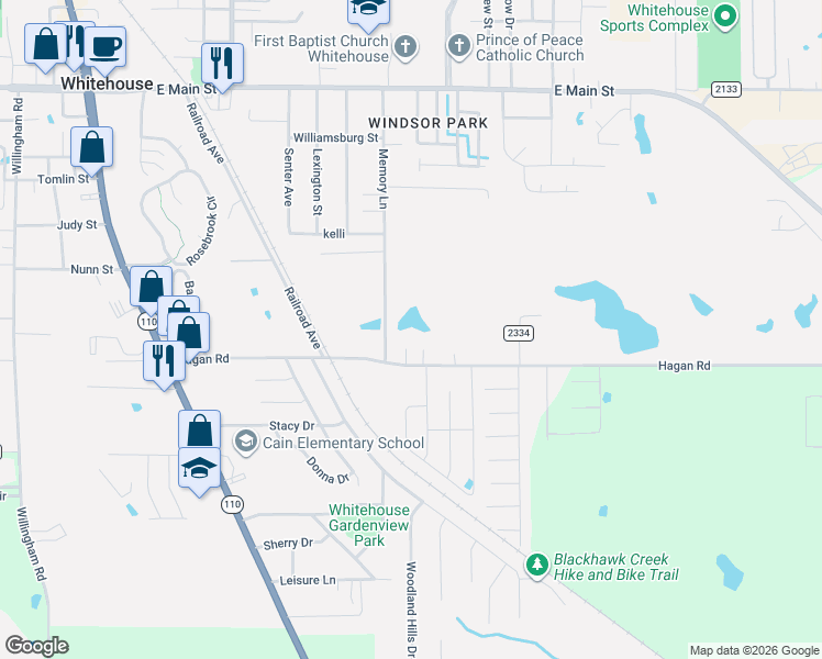 map of restaurants, bars, coffee shops, grocery stores, and more near 701 Memory Ln in Whitehouse